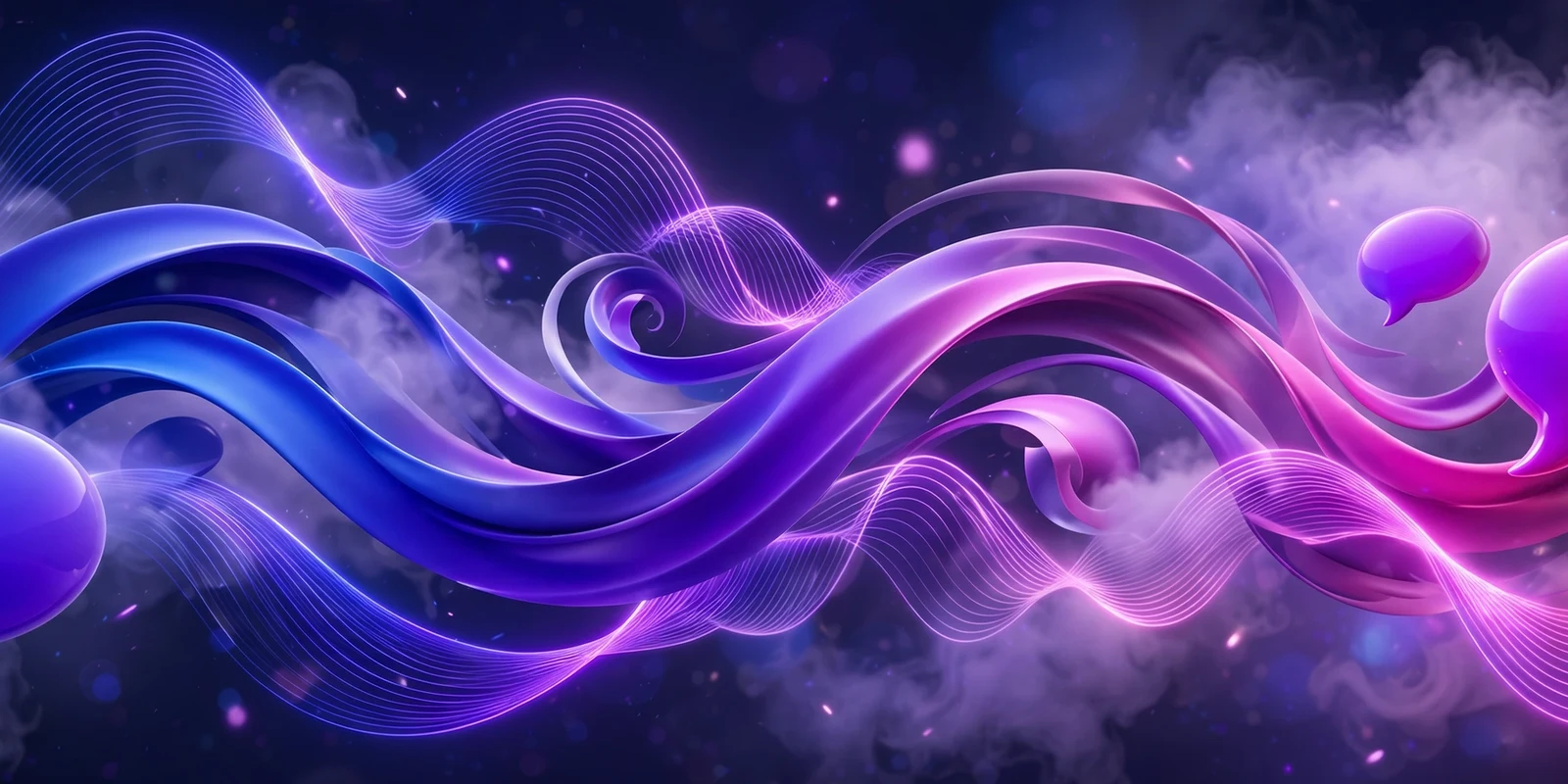 Abstract flowing speech bubbles and dialogue ribbons in YappySpeak blue, purple and magenta